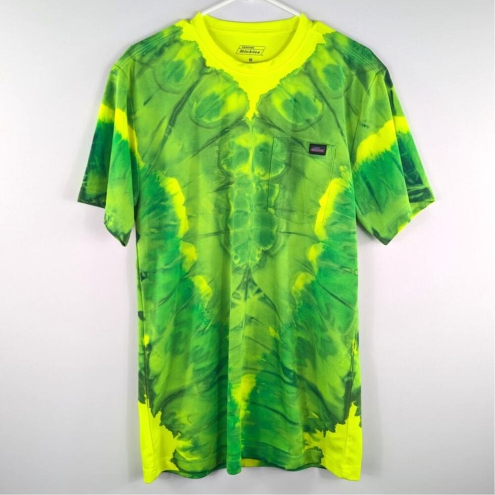 Dickies M Men's Short Sleeve T-Shirt Neon Yellow Green Tie Dye Workwear Festival